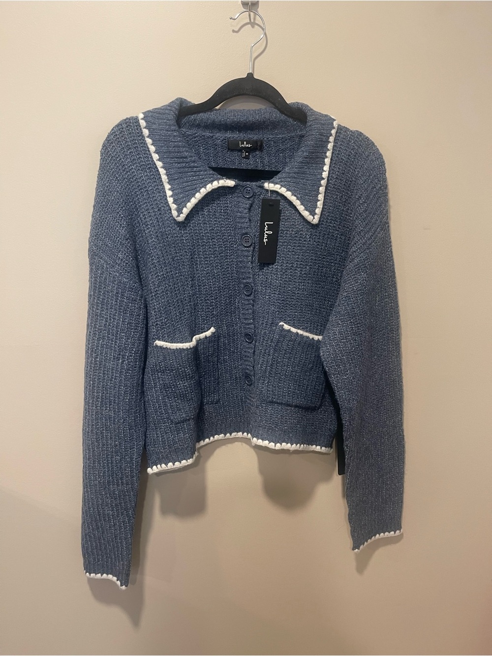 Lulus- Marsia Dusty Blue Marled Whipstitched Cardigan Sweater